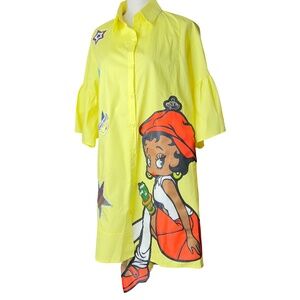 #A300  NANCY DOPAMINE DRESSING CARTOON-CORE OVERSIZED YELLOW SHIRT DRESS NWT L